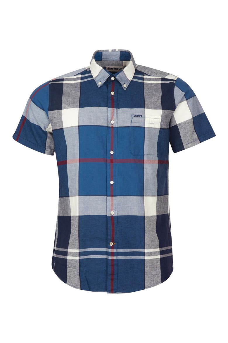 Men's Douglas Tailored Fit Plaid Short Sleeve Cotton & Linen Button-Down Shirt, Alternate, color, SUMMER NAVY