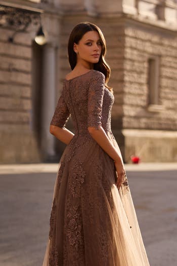 Lace and Tulle A-line Gown with Three Quarter Sleeves