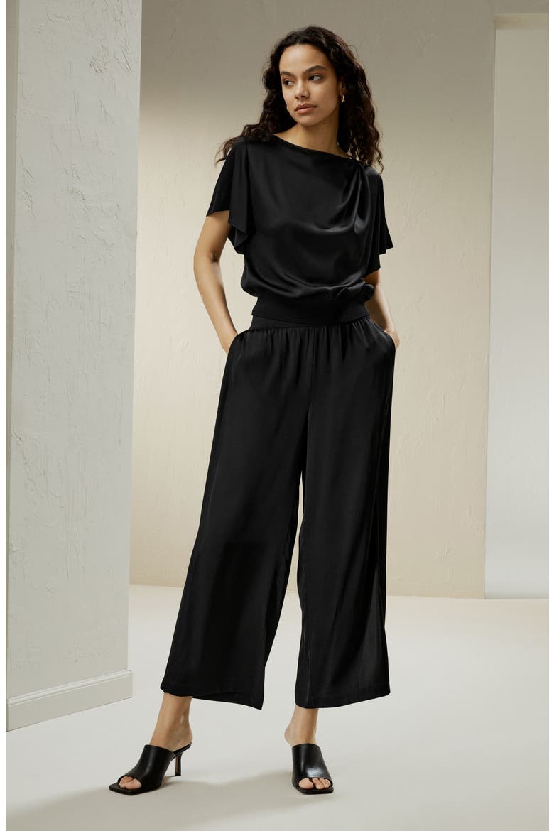 Women's Short Rippled Batwing Sleeves Silk Shirt, Alternate, color, Black
