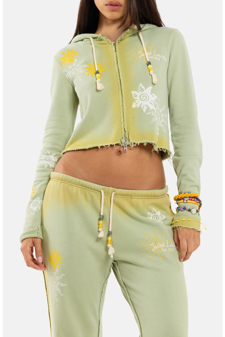 Two-Toned Graphic Cropped Full Zip Hoodie, Main, color, GREEN