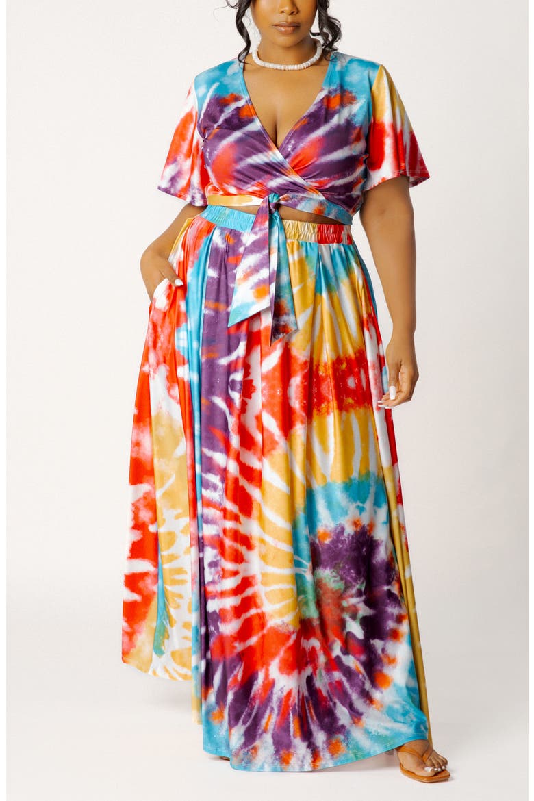 Print Tie Front Top & Maxi Skirt Set, Main, color, RED MULTI