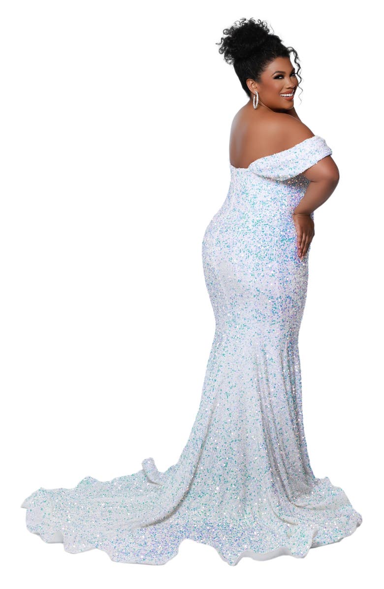 Johnathan Kayne for Sydney's Closet Off the Shoulder Plus Size Sequin Velvet Fitted Formal Gown, Alternate, color, Unicorn