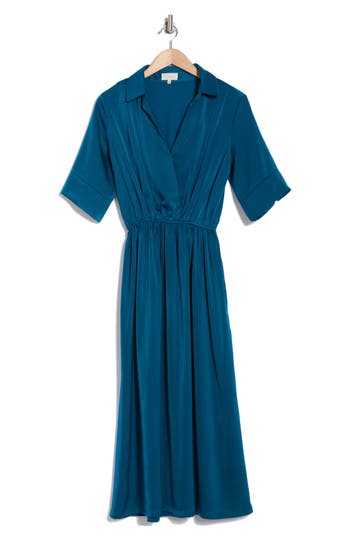 Melloday Elbow Sleeve Midi Shirtdress In Teal