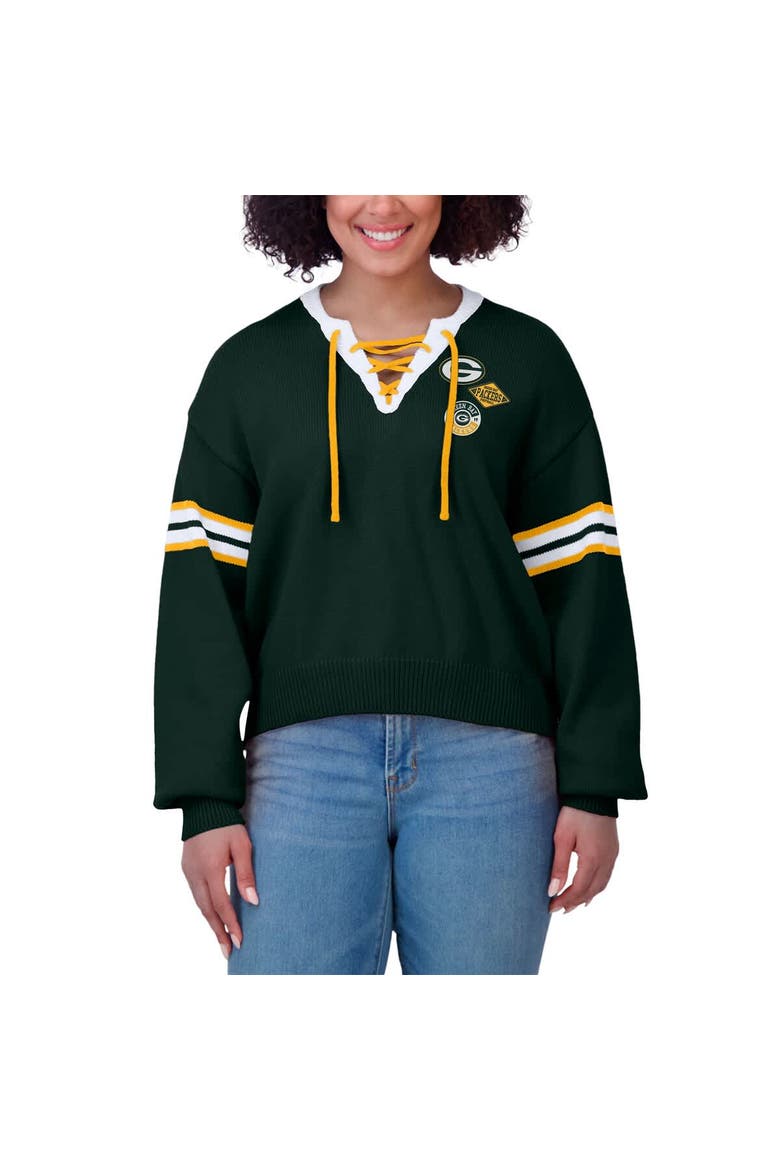 Women's WEAR by Erin Andrews Green Green Bay Packers Lace-Up Pullover Sweatshirt, Alternate, color, Green