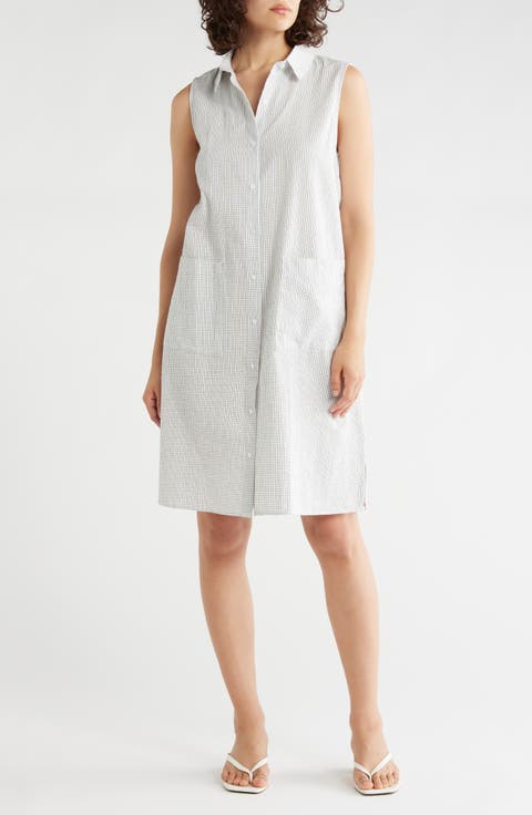Grid Print Sleeveless Organic Cotton Shirtdress