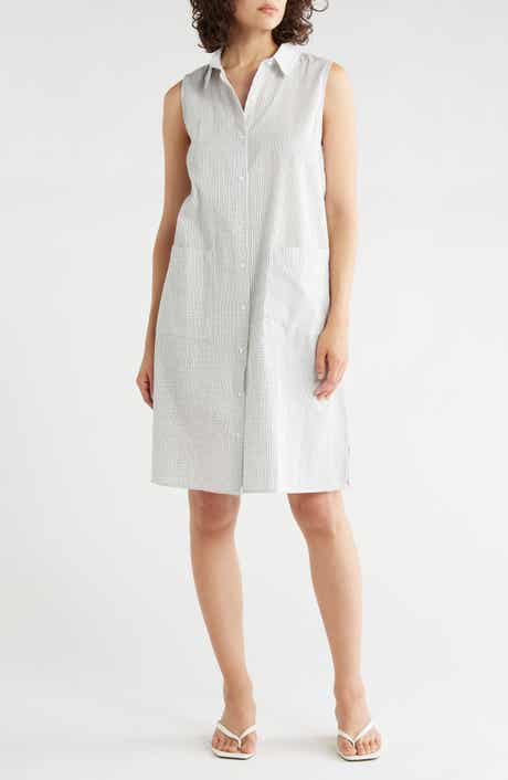 Eileen Fisher Grid Print Sleeveless Organic Cotton Shirtdress