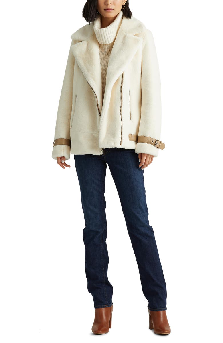 Lauren Ralph Lauren Asymmetric Faux Fur Moto Coat, Alternate, color,
