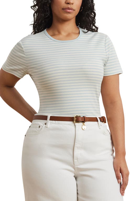 Ralph Lauren Plus Size Striped Stretch Cotton Crewneck Tee In Aqua Pearl/mascarpone Cream