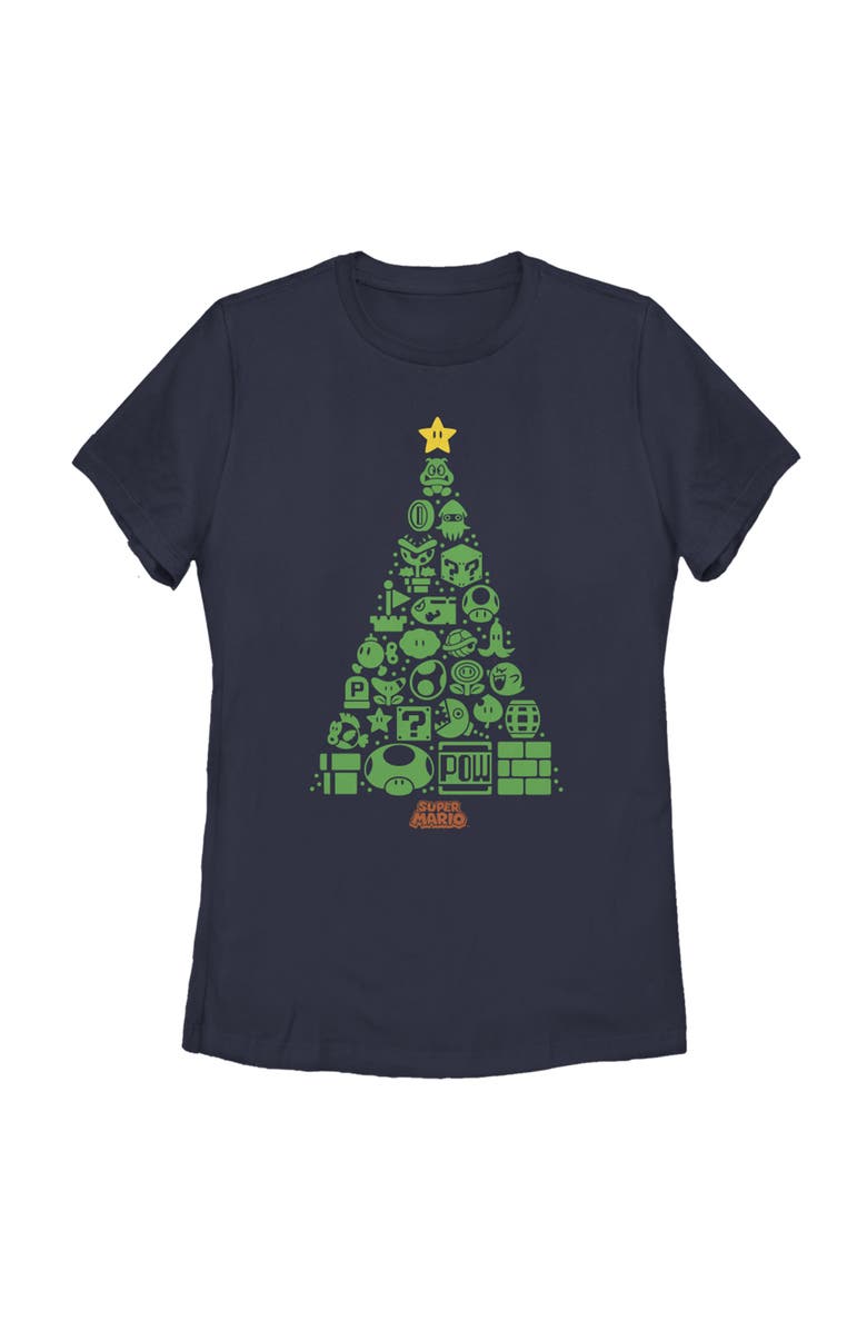 NINTENDO Women's Nintendo Christmas Tree Mosaic Graphic T-Shirt, Main, color, Navy Blue