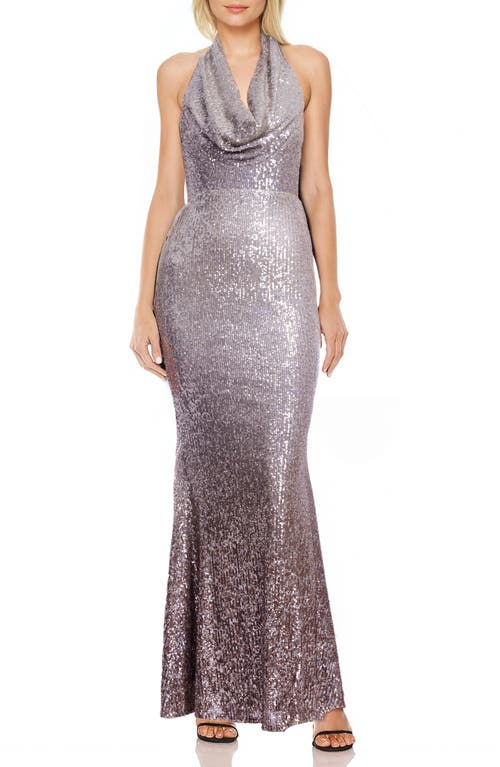 Jewel Badgley Mischka Ombré Sequin Cowl Neck Mermaid Gown in Brown Silver 