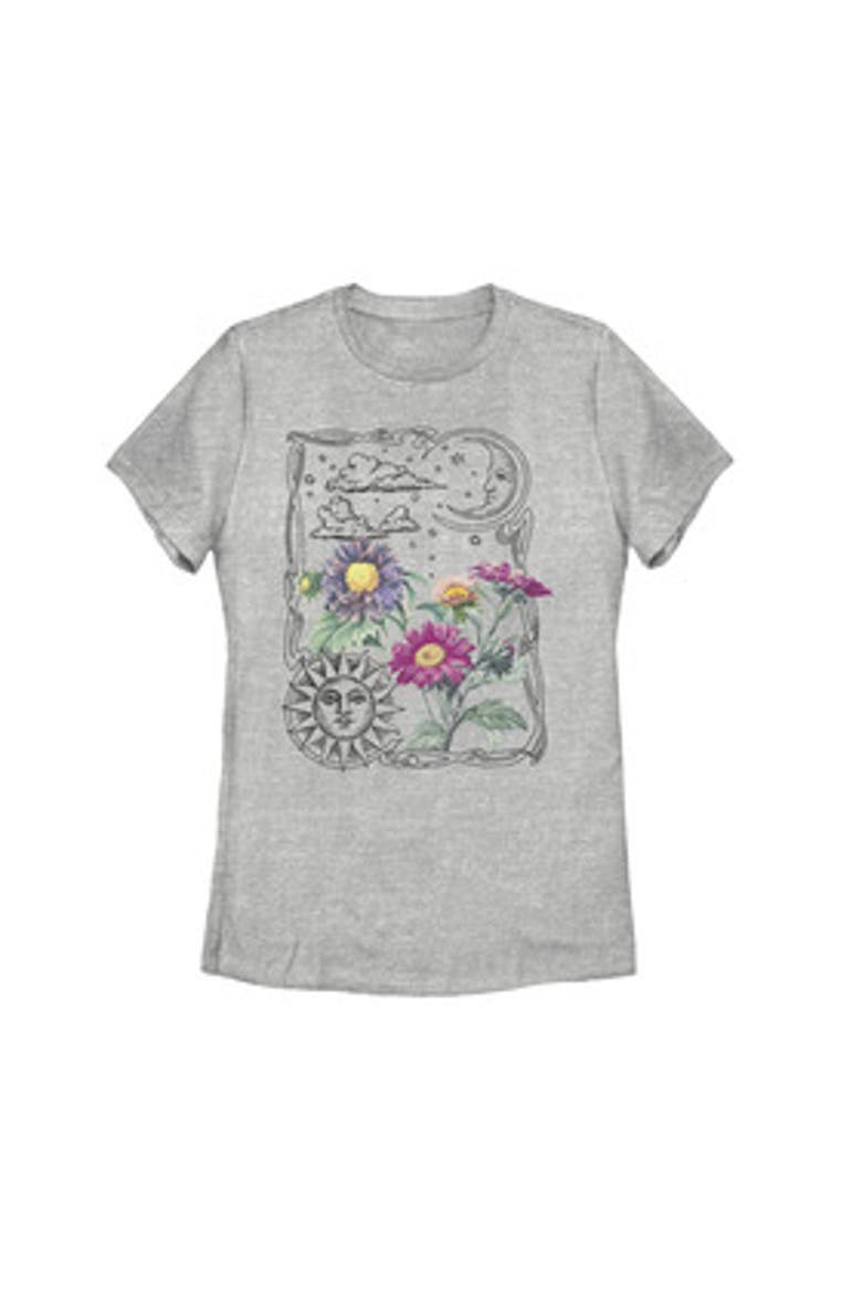 Women's Lost Gods Boho Sun Moon Flowers  Graphic T-Shirt, Alternate, color, Athletic Heather