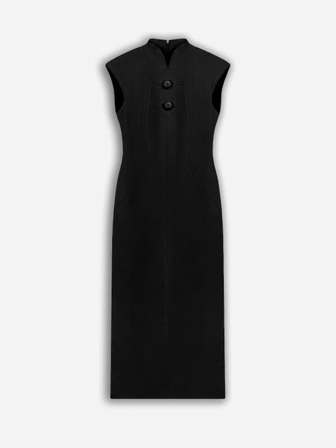 Padded Shoulder Button Detail Maxi Dress