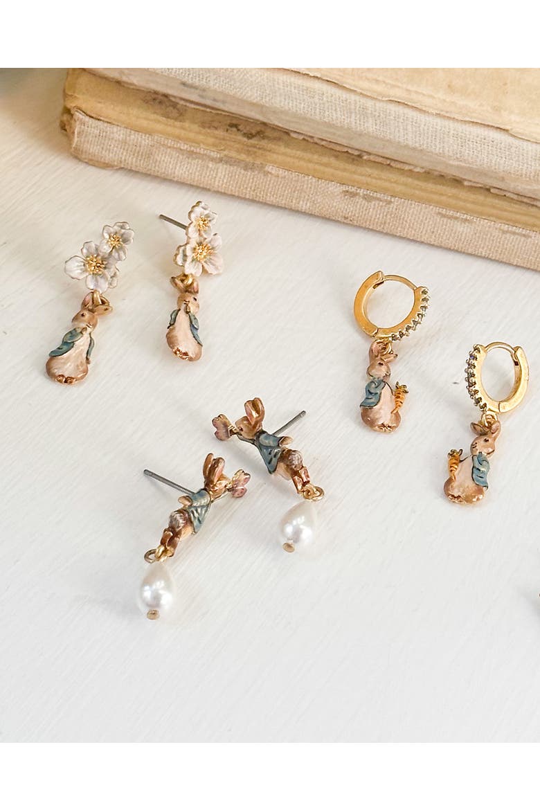 x Peter Rabbit Floral Drop Earrings, Alternate, color, Gold
