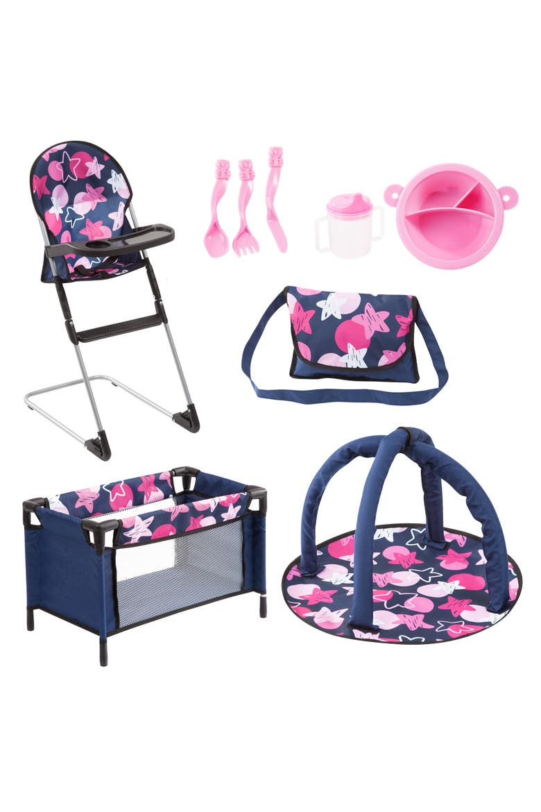 9 in 1 Doll Accessory Set with Travel Bed & Highchair, Main, color, Multicolored