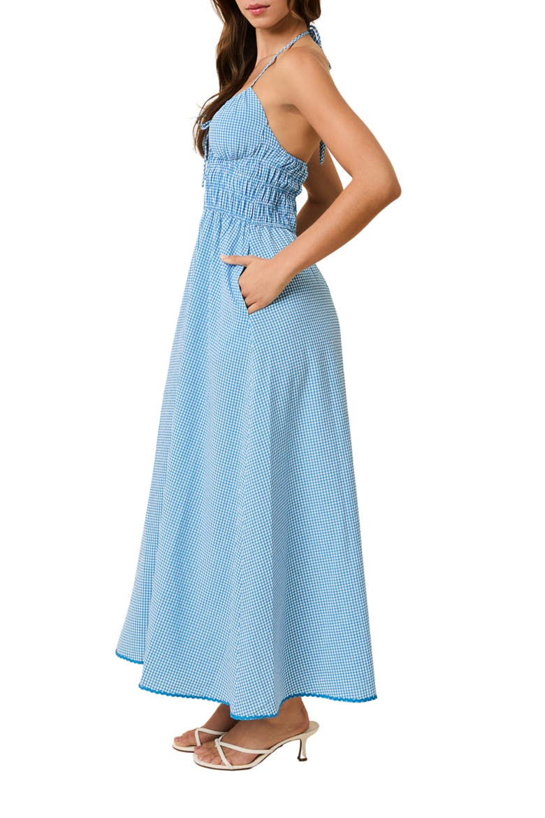 Lolita Gingham Shirred Halter Seersucker Maxi Sundress, Alternate, color, COSMIC BLUE GINGHAM