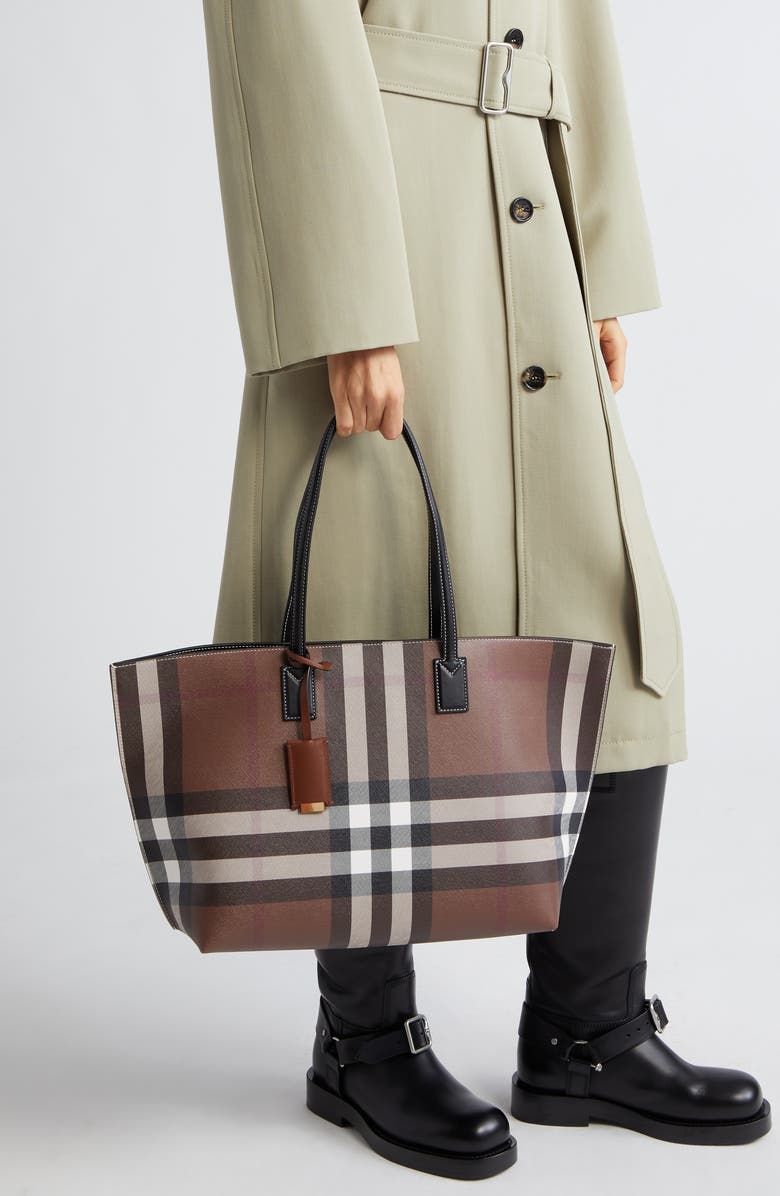 Burberry Medium Check E-Canvas & Leather Tote, Alternate, color, Dark Birch Brown Chk
