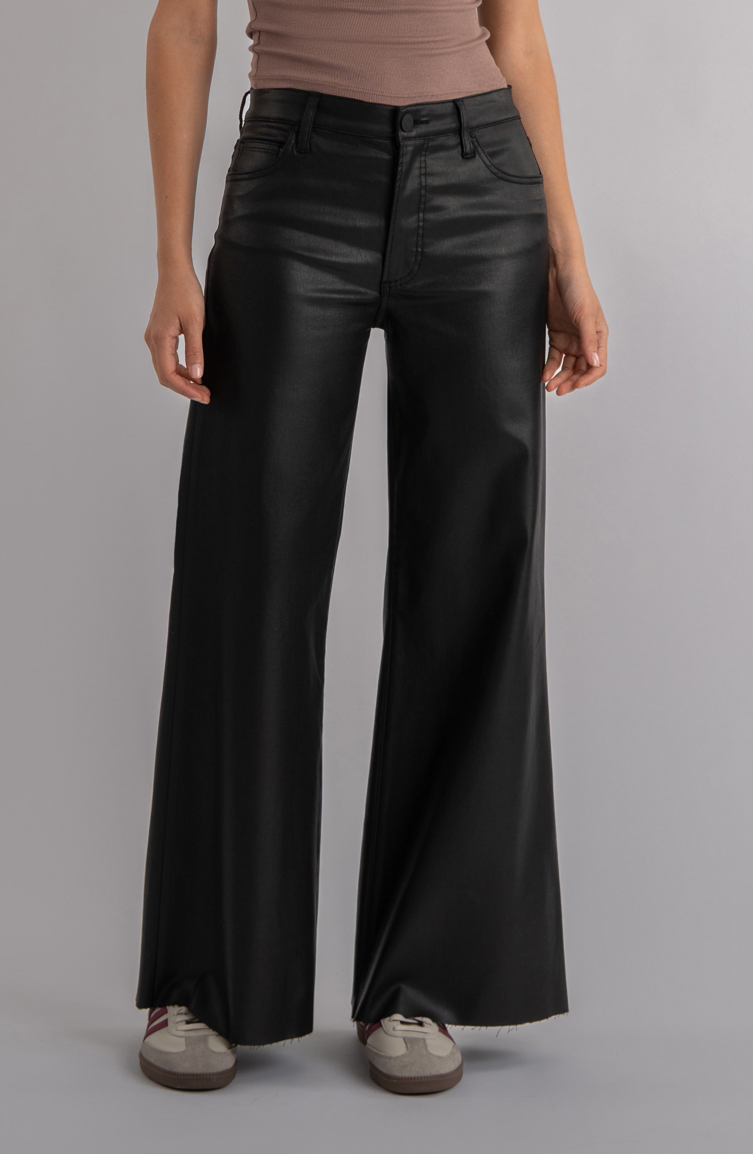 KUT from the Kloth Ryan Fab Ab Coated High Waist Super Wide Leg Jeans in Black at Nordstrom, Size 8