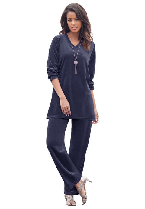 Plus Size Two Piece V Neck Velour Set