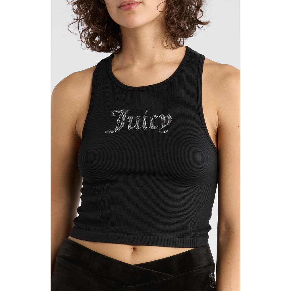 Juicy Couture Crystal Embellished High Neck Crop Tank Top In Black