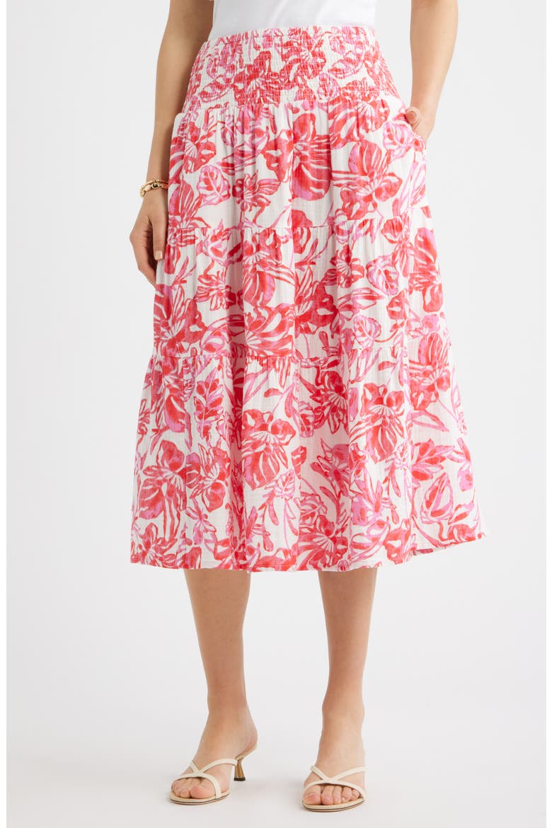 Tiered Cotton Gauze Midi Skirt, Main, color, IVORY- PINK ELLIE BLOSSOM