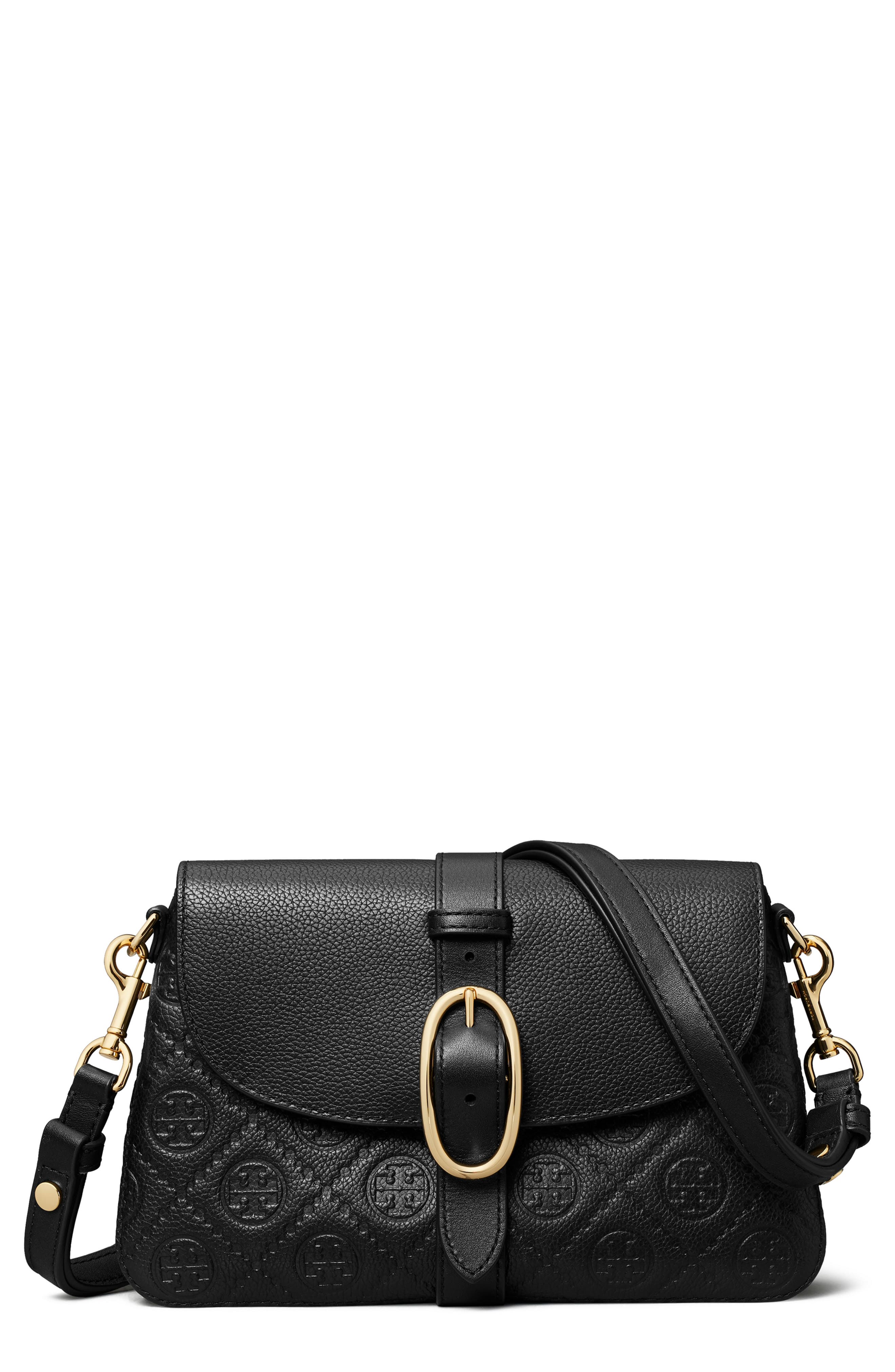 Tory Burch Small T Monogram Soft Pebble Leather Shoulder Bag, Main, color, Black