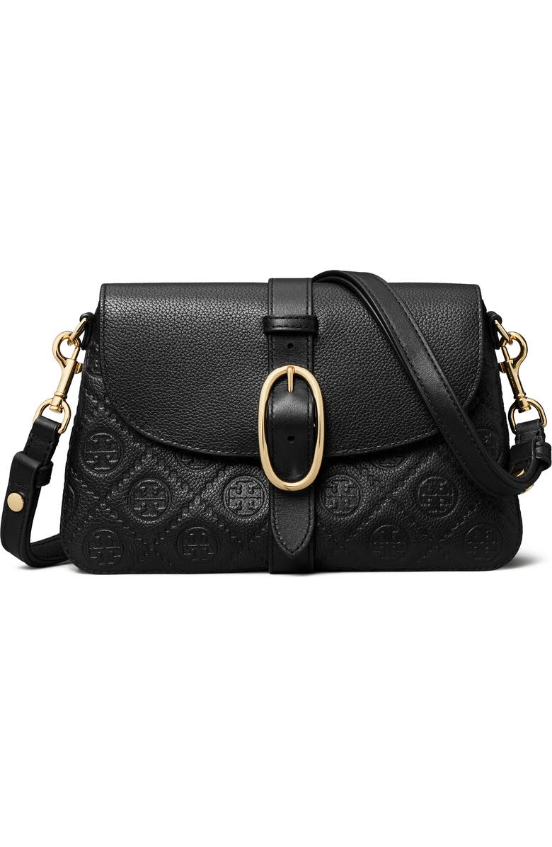 Tory Burch Small T Monogram Soft Pebble Leather Shoulder Bag, Main, color, Black
