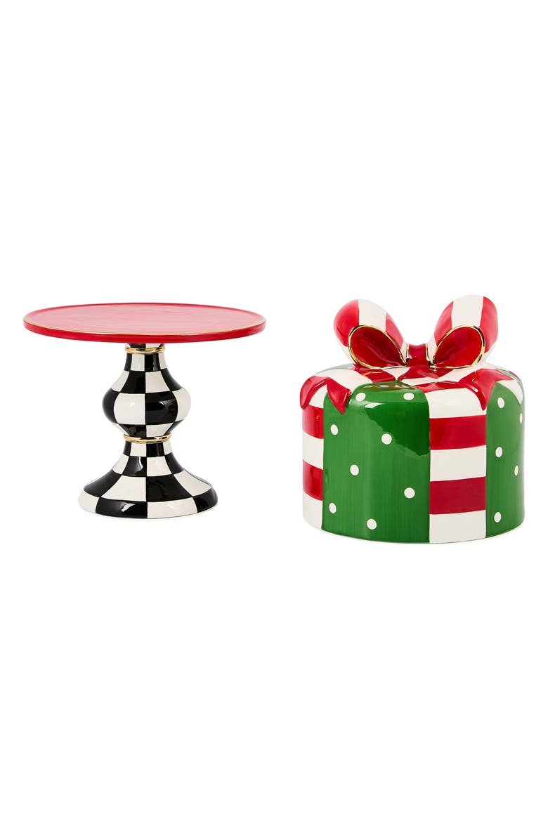 MACKENZIE CHILDS Check It Out Gift Box Lidded Ceramic Cake Stand, Alternate, color, Green