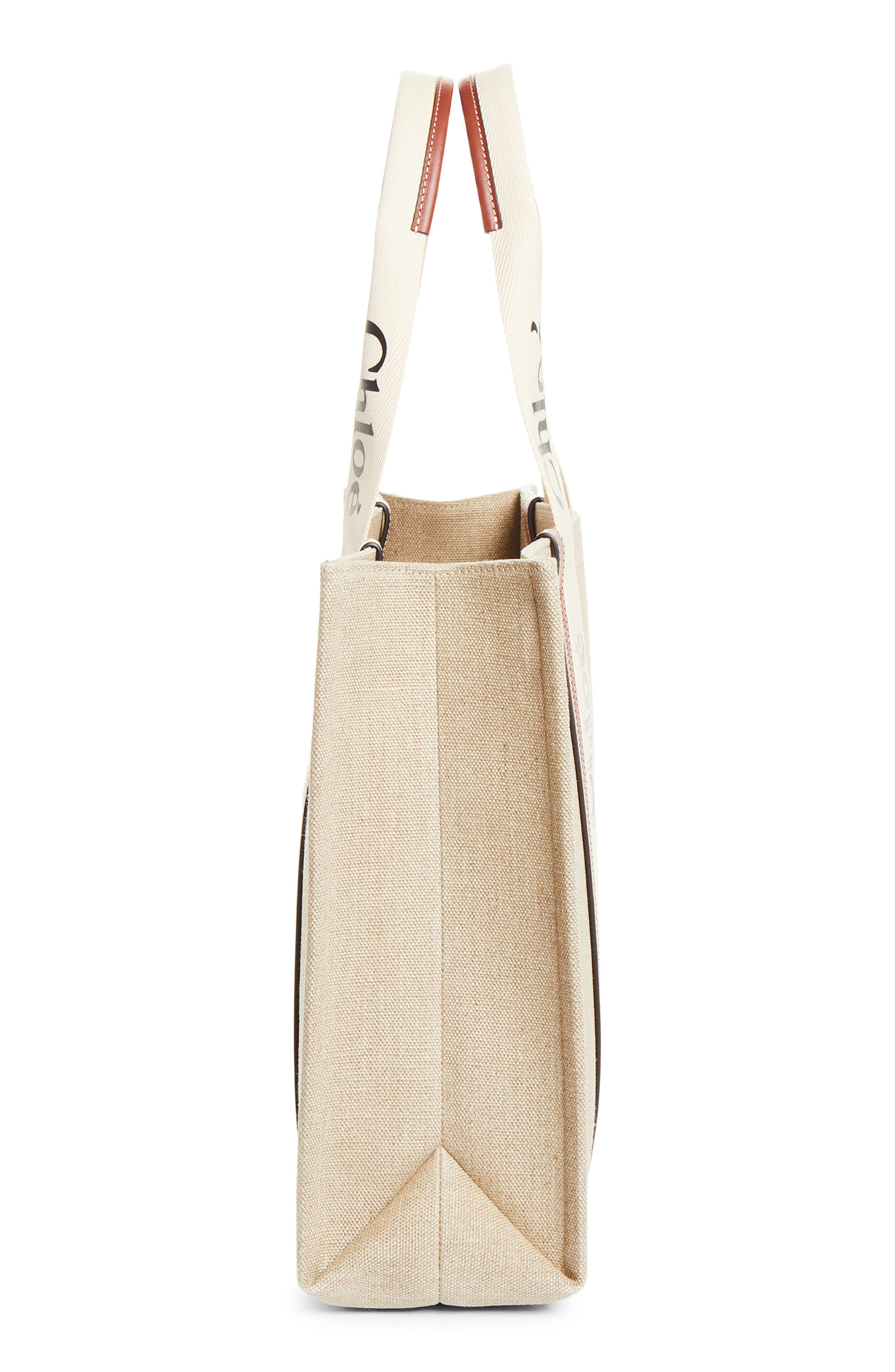 Chloé Large Woody Linen Tote, Alternate, color, White - Brown 1