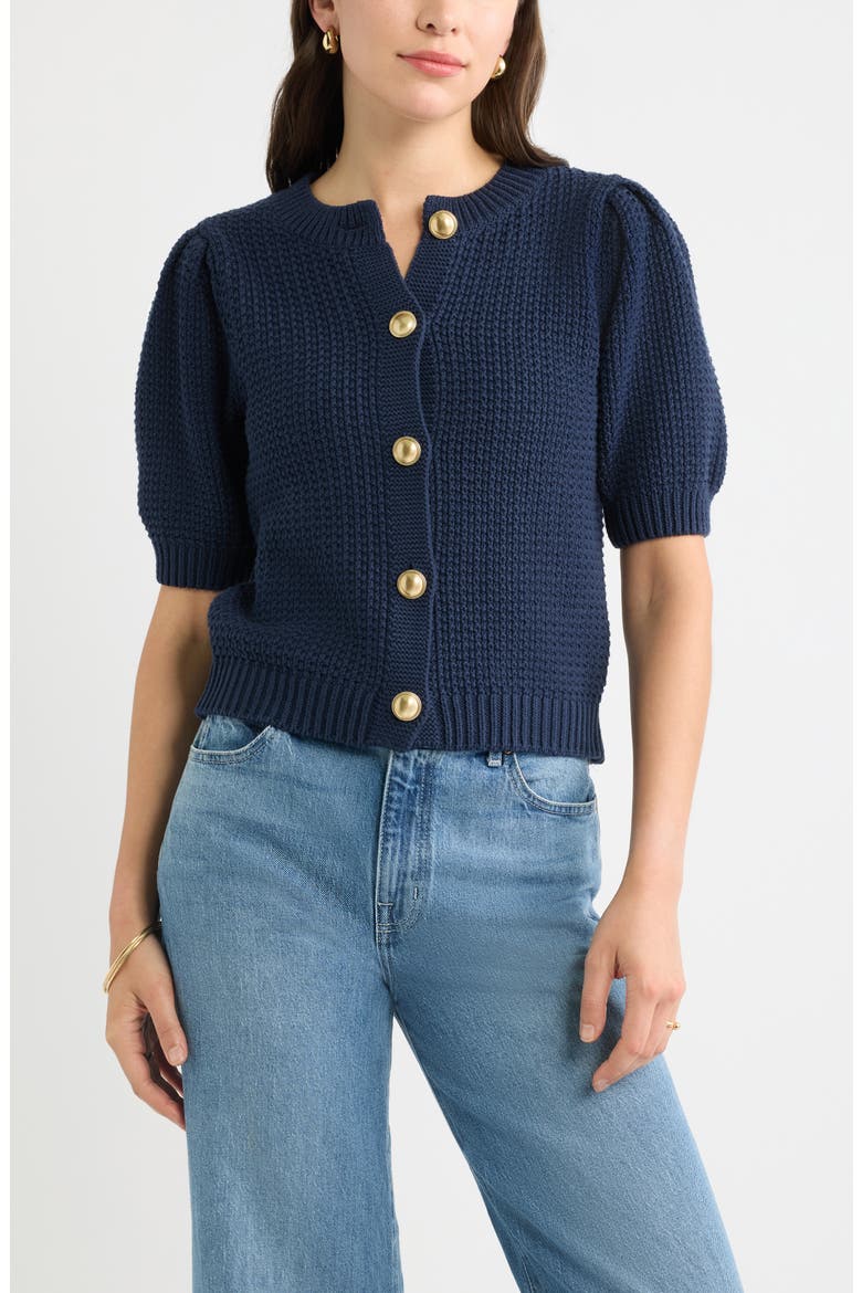 Puff Sleeve Textured Cotton Cardigan, Main, color, NAVY STILL
