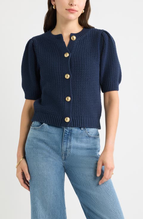 Puff Sleeve Textured Cotton Cardigan