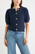 Caslon® Puff Sleeve Textured Cotton Cardigan