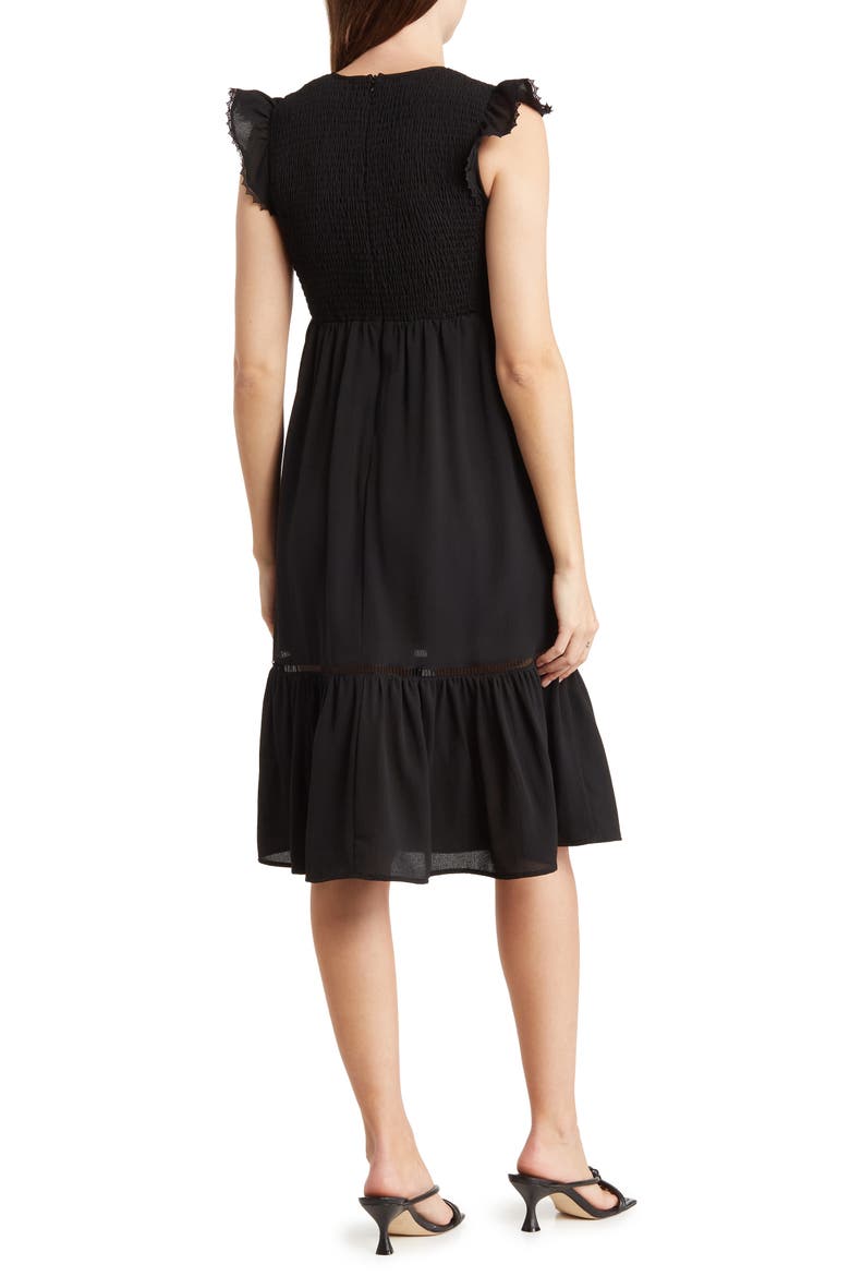 Smocked Flutter Sleeve Midi Dress, Alternate, color, BLACK