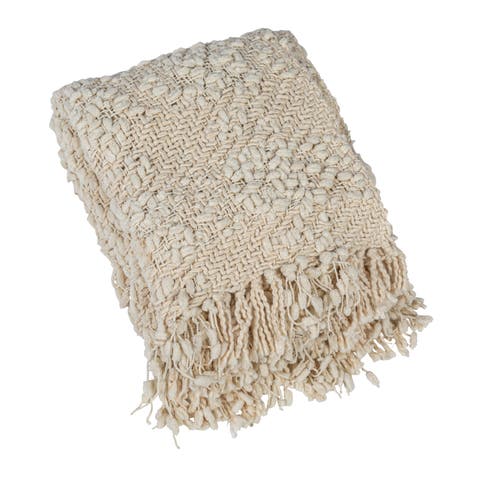 Soft Woven Cotton Blend Cable Knit Throw Blanket with Fringe, Natural