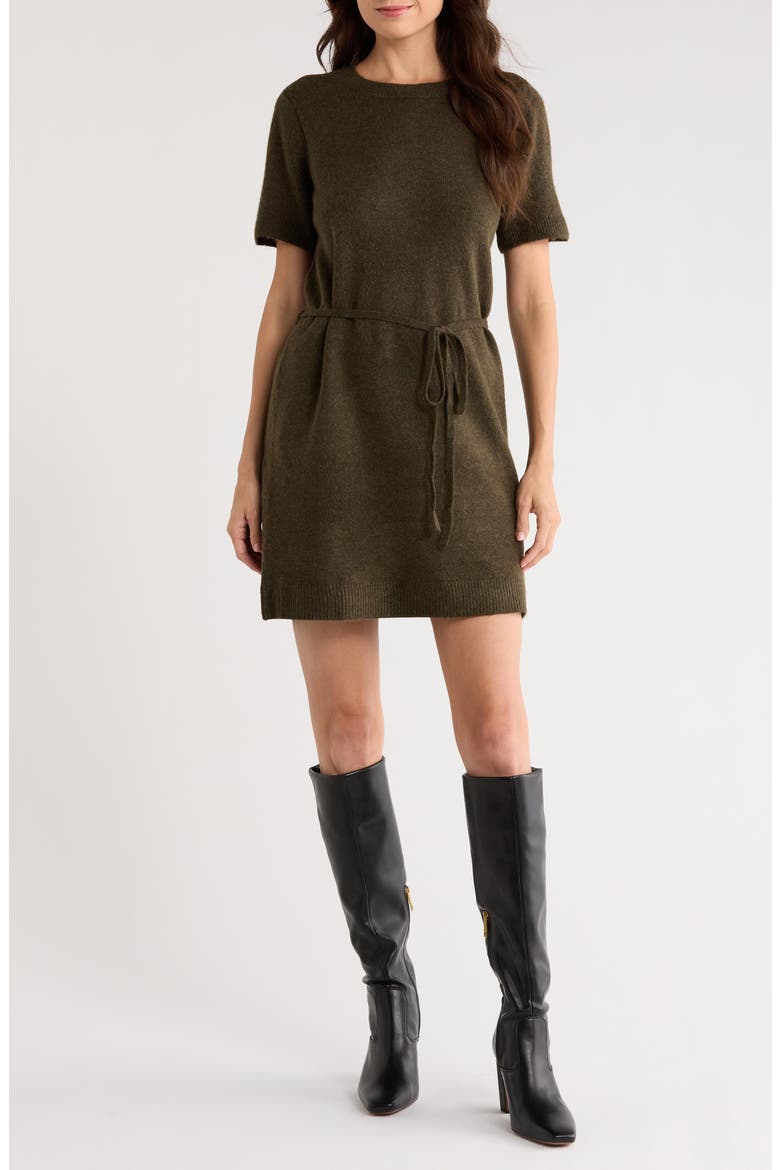 Short Sleeve Tie Waist Sweater Dress, Main, color, DEEP OLIVE