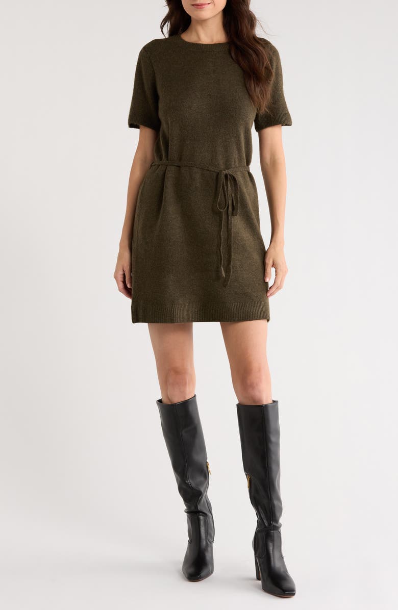 Halogen<sup>®</sup> Short Sleeve Tie Waist Sweater Dress, Main, color, Deep Olive
