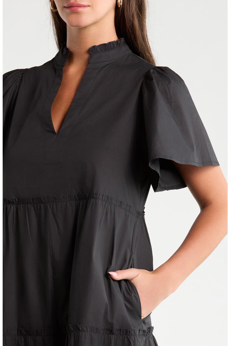 Noelle Split Neck Tiered Cotton Dress, Alternate, color, BLACK
