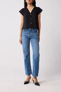 Reistor V-Neck Embroidered Top with Front Buttons