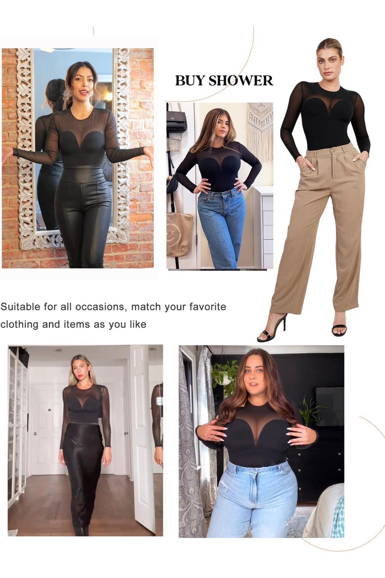 Sheer Mesh Sultry Date Night & Cocktail Long Sleeve Bodysuit, Alternate, color, Jet Black