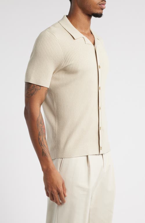 Open Edit Ribbed Short Sleeve Camp Collar Cardigan In Beige Birch