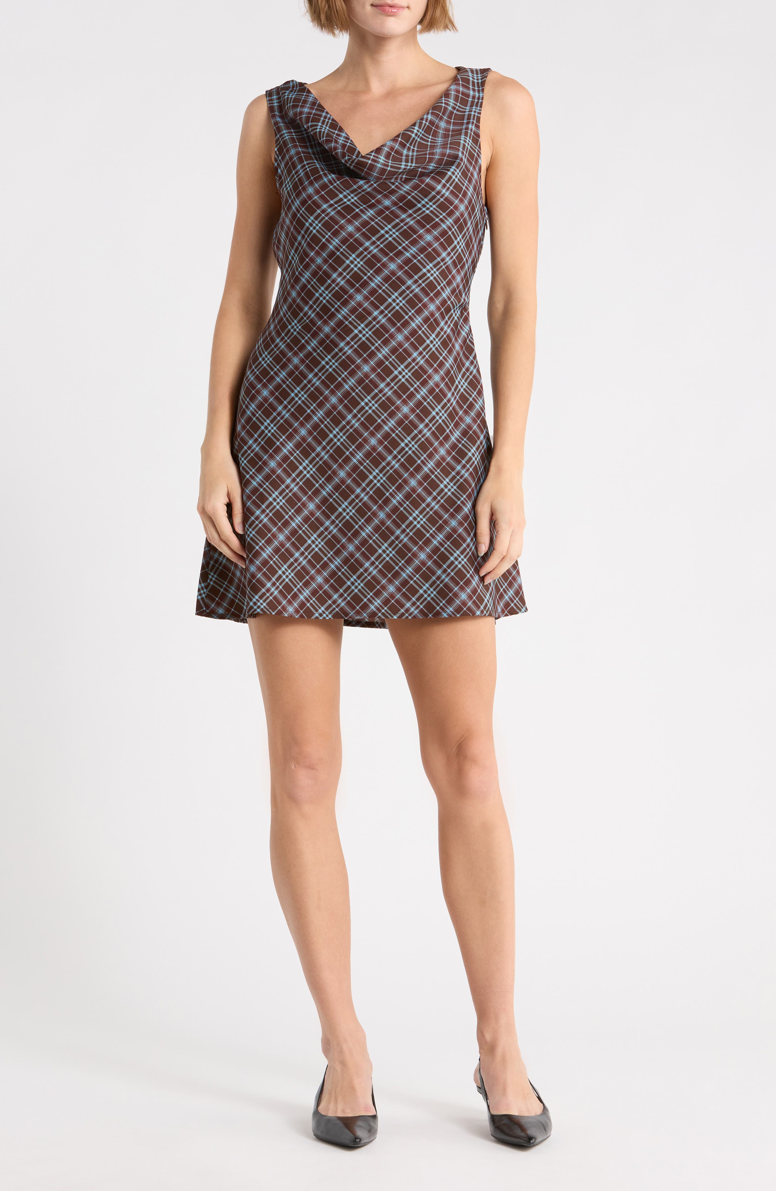 Lush Plaid Cowl Neck Minidress In Brown Blue Plaid