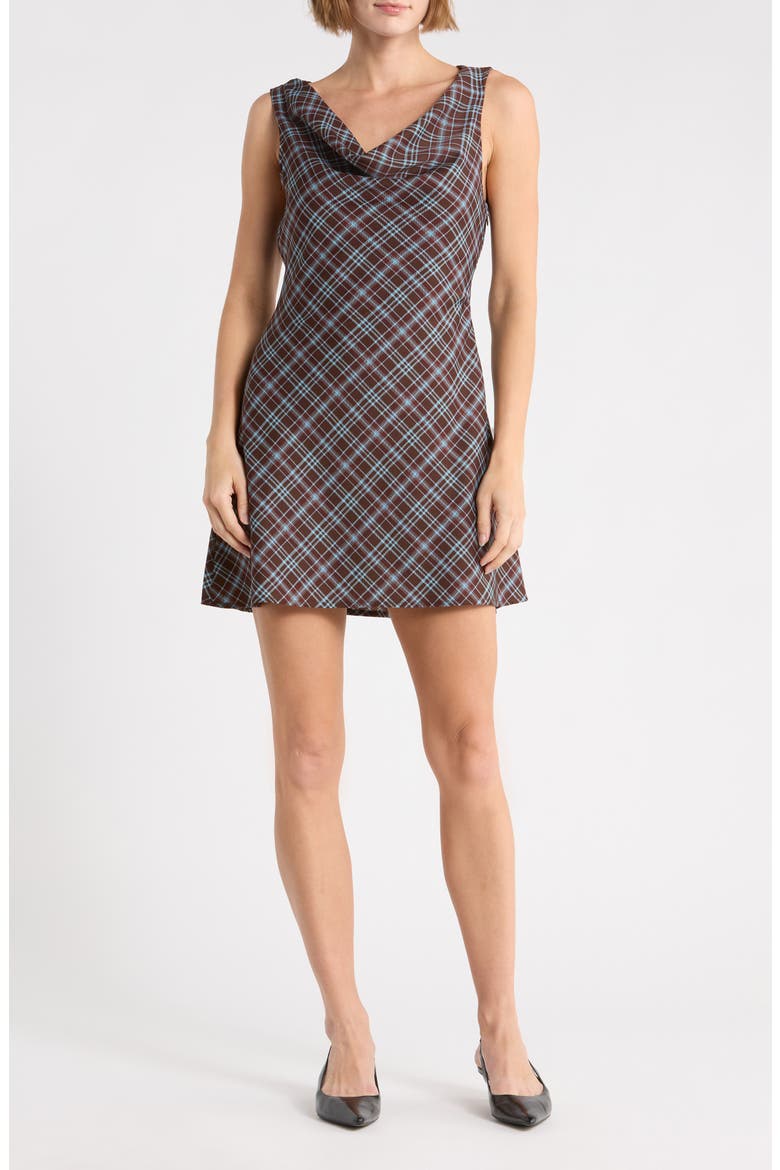 Plaid Cowl Neck Minidress, Main, color, BROWN BLUE PLAID