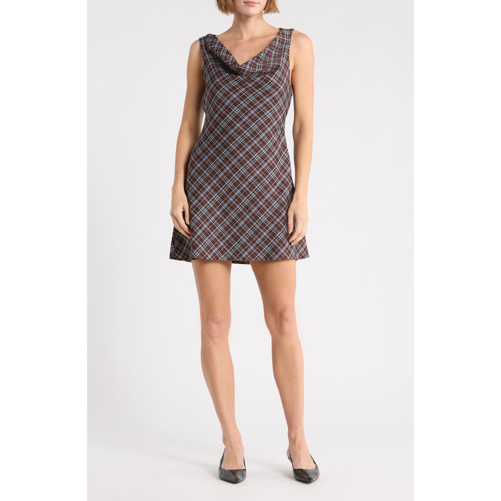 Lush Plaid Cowl Neck Minidress In Brown Blue Plaid