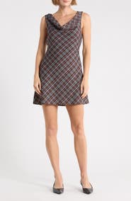 Lush Plaid Cowl Neck Minidress