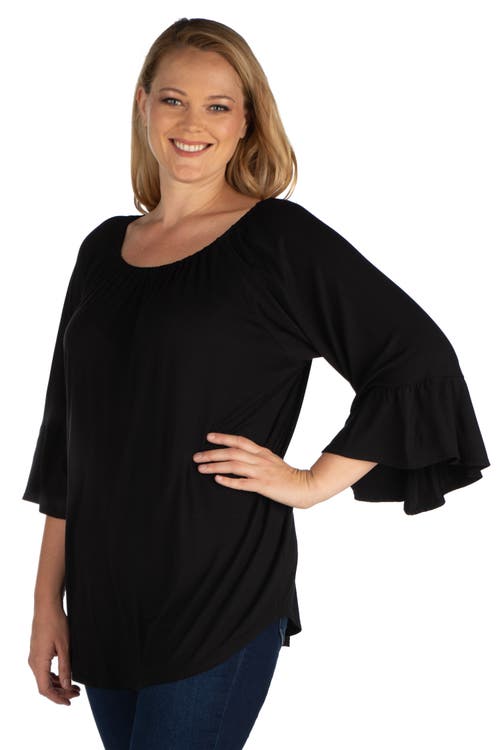 24seven Comfort Apparel Plus Size Bell Sleeve Loose Fit  Tunic Top In Black