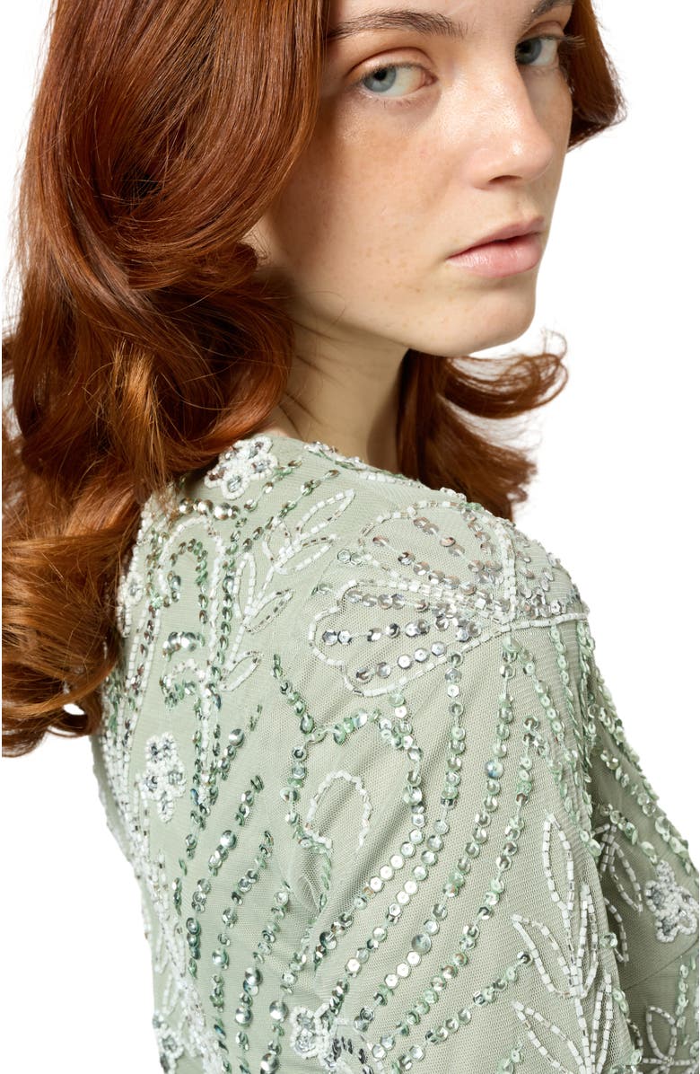 MARYISA Occasion Modest Embellished Sequin Beaded Floral High Neck Evening Gown, Alternate, color, Sage Green