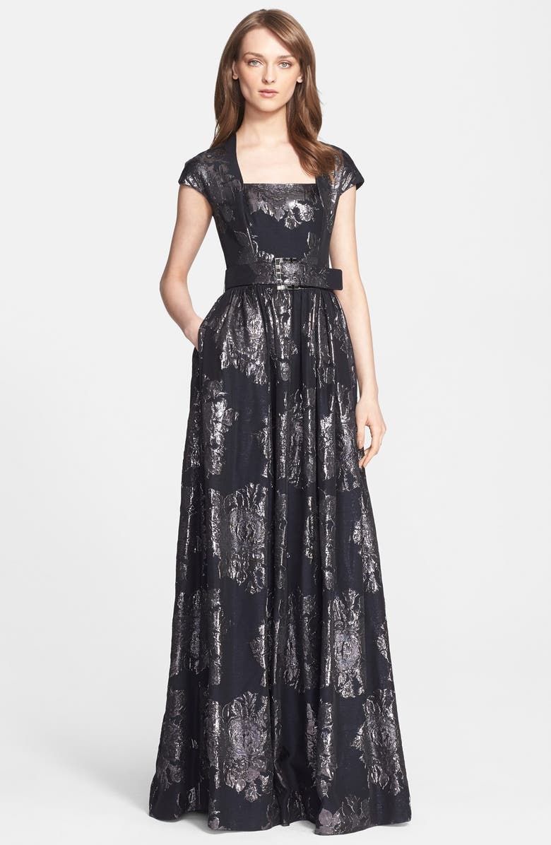 St. John Collection Metallic Rose Jacquard Gown, Main, color, 