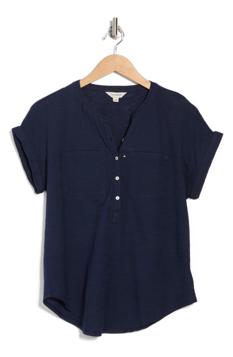 Lucky Brand Mixed Media Short Sleeve Cotton & Modal Henley, Alternate, color, American Navy