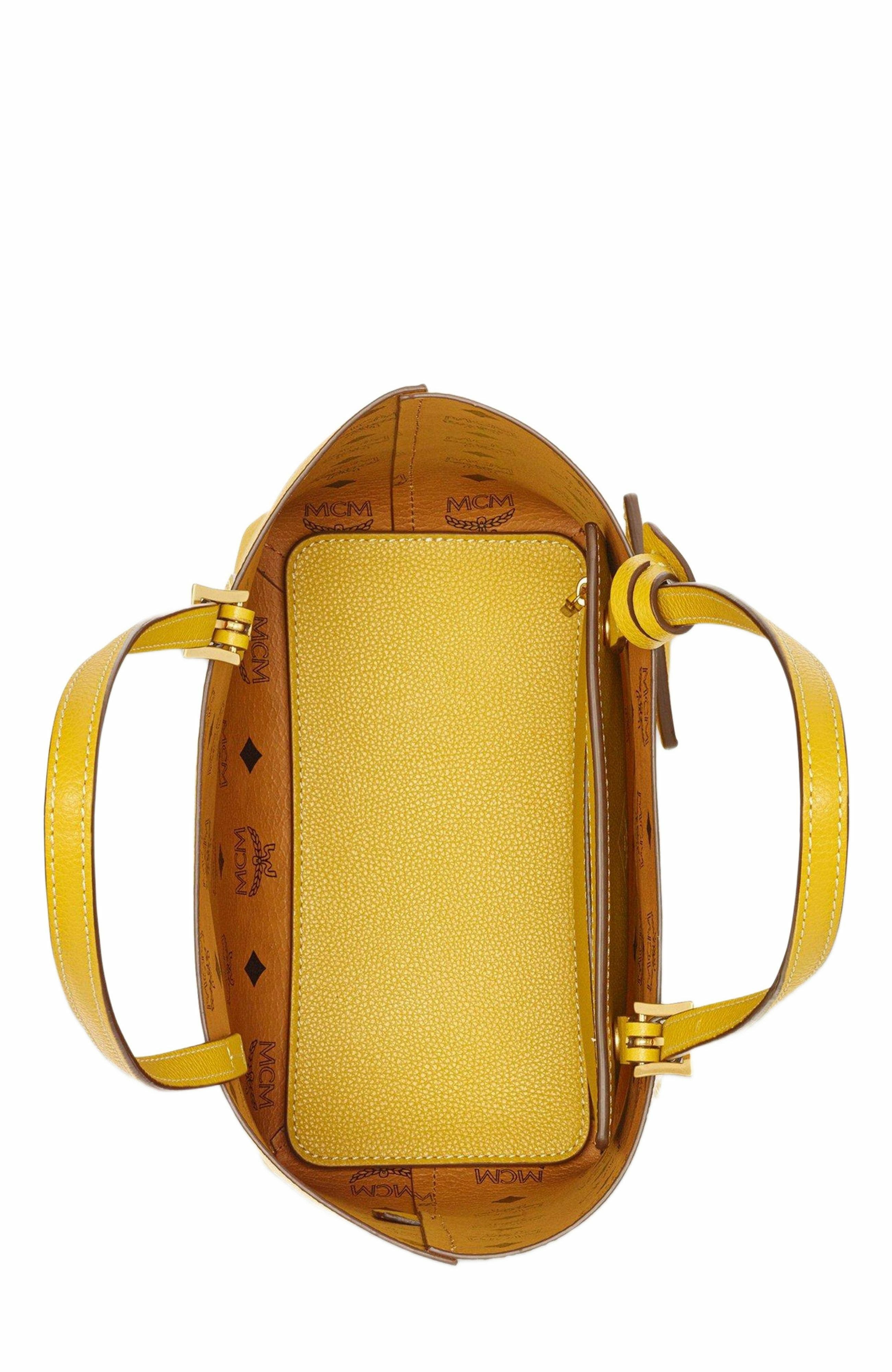 MCM Himmel Shopper in Embossed Logo Leather, Alternate, color, Lemon Gold