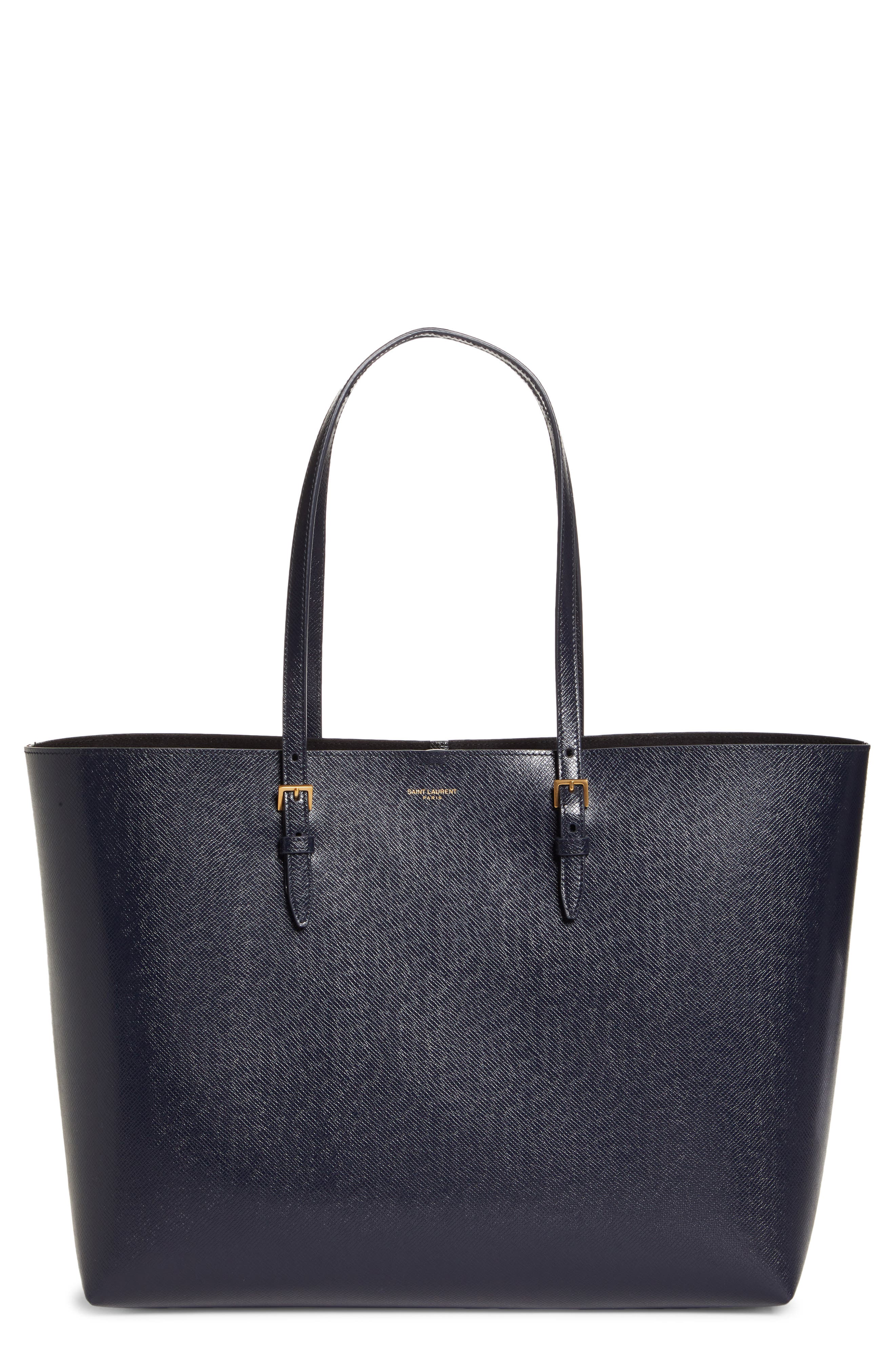Medium East/West Leather Shopping Tote, Main, color, DEEP MARINE/ NERO