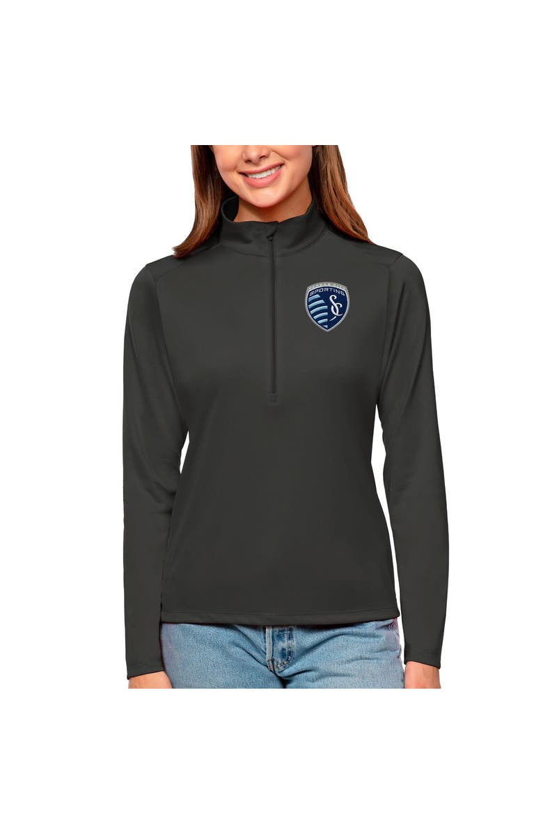 ANTIGUA Women's Antigua Charcoal Sporting Kansas City Tribute Quarter-Zip Pullover Top, Main, color,